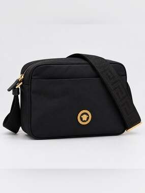 Versace Medusa Black Nylon Messenger Bag with Gold Medusa Emblem